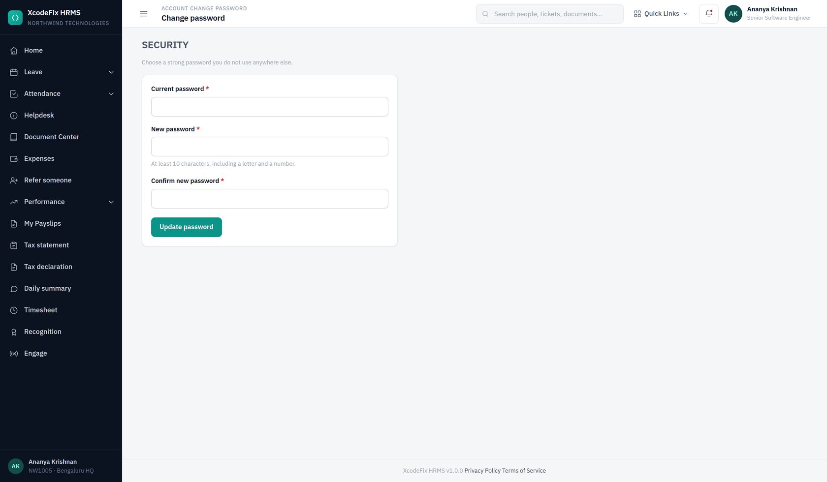 Change password screen