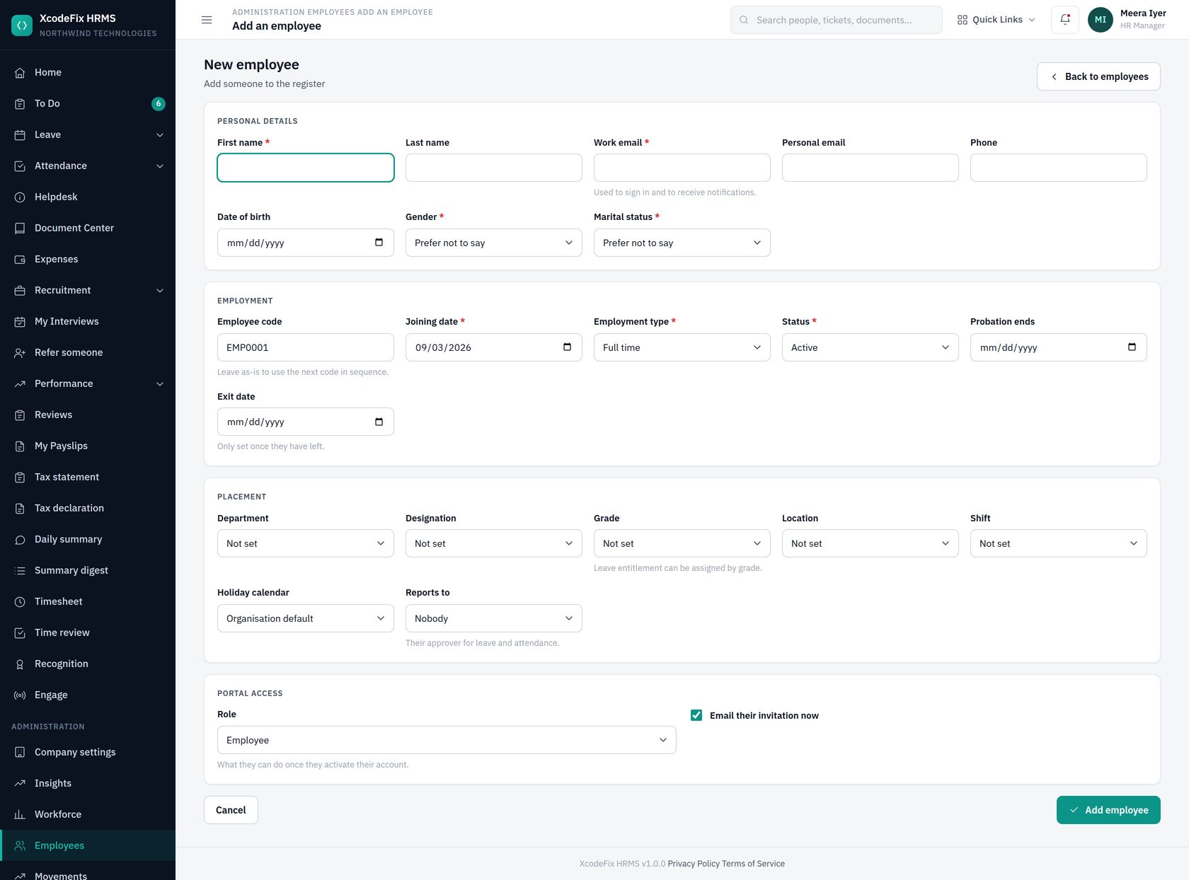 Add an employee form