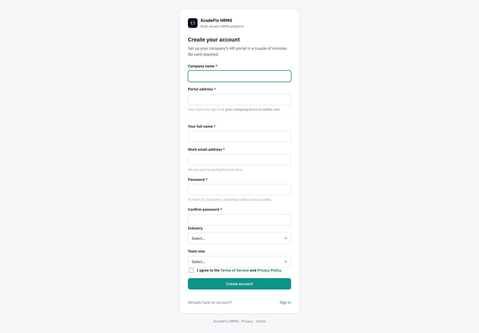 Organisation signup form