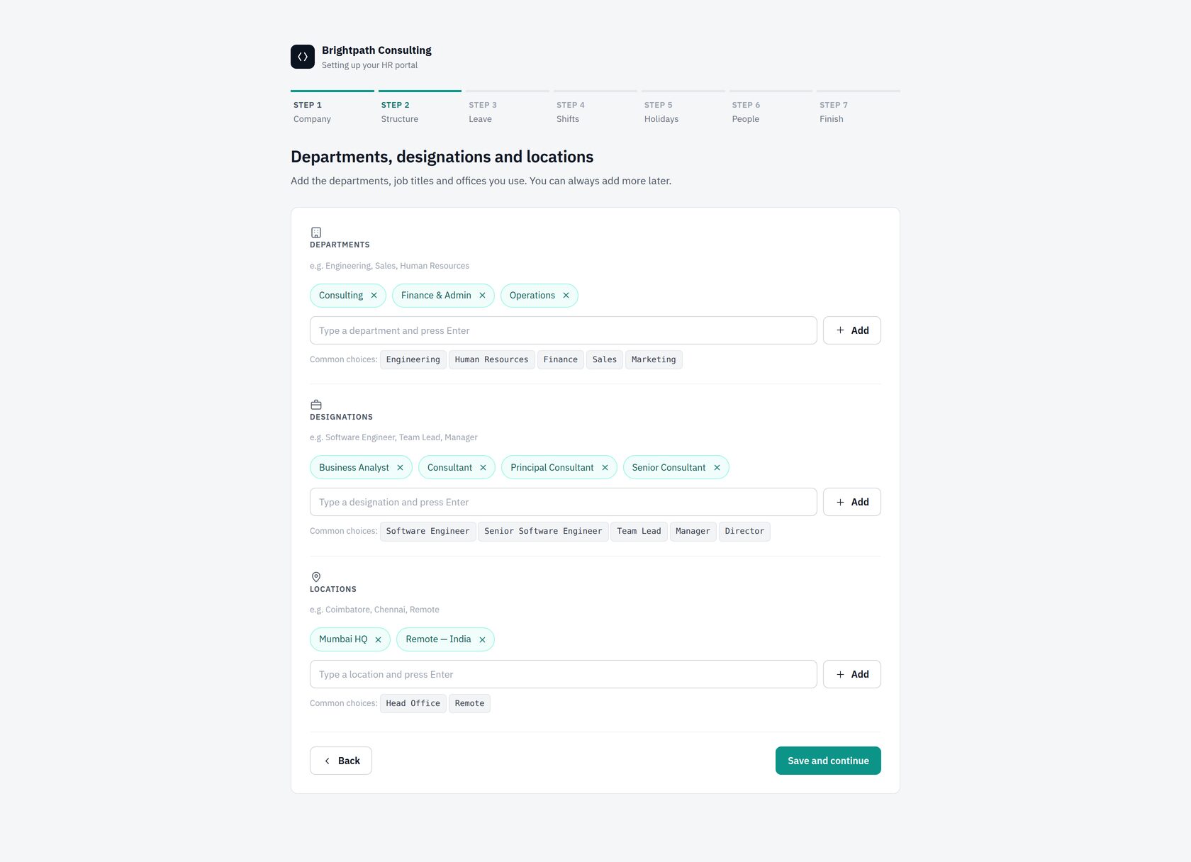 Wizard step 2: departments, designations and locations